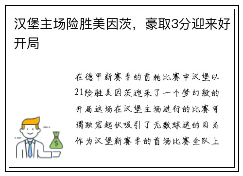 汉堡主场险胜美因茨，豪取3分迎来好开局