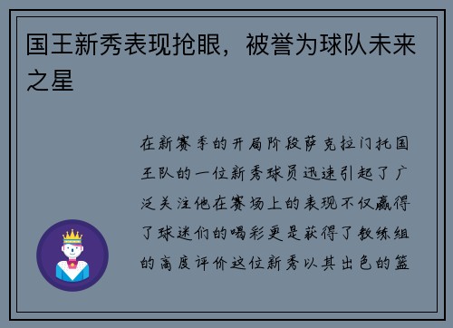 国王新秀表现抢眼，被誉为球队未来之星
