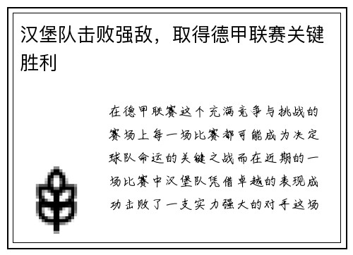 汉堡队击败强敌，取得德甲联赛关键胜利