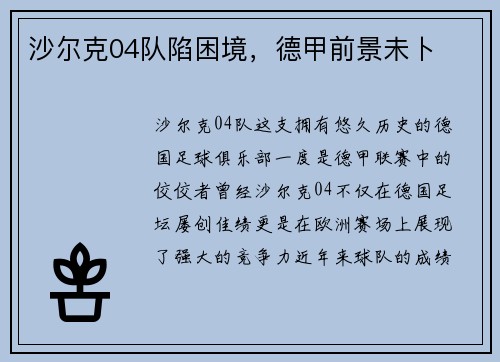 沙尔克04队陷困境，德甲前景未卜