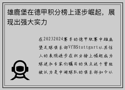 雄鹿堡在德甲积分榜上逐步崛起，展现出强大实力